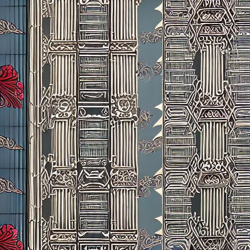 Image similar to building - contemporary architecture inspired by slavic traditional decorative art, hyper realistic illustration