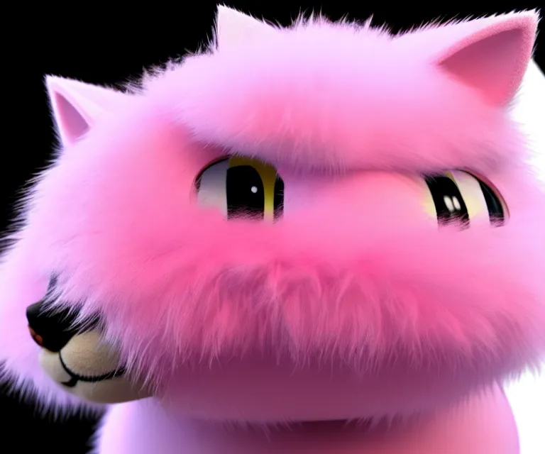 Prompt: high quality 3 d render hyperrealistic very cute small cat, plush mascot, short spiky dense fluffy smooth hair, photo from the side, pink fluffy fur, 1 5 0 mm, beautiful natural soft light, rim light, vray, smooth background, artstation, ultra detailed