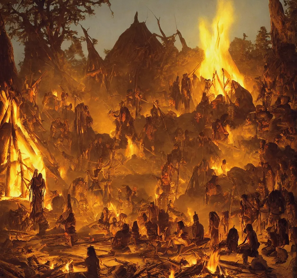 Image similar to native american chief speaks to his council around the fire in the teepee by frank frazetta, artgerm, albert bierstadt, tomasz alen kopera