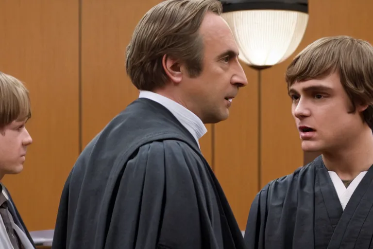 Image similar to anakin skywalker talking to saul goodman in court, us court, 1 0 8 0 p, court session images, realistic faces, better call saul