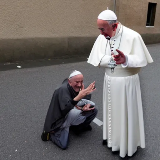 Prompt: The pope pointing and laughing at a homeless person, realistic, city streets