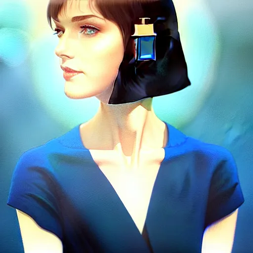 Image similar to woman with dark bobcut haircut with friendly blue eyes and slim features looking happy, futurist style, intricate, elegant gleaming jewelry, angelic halo, highly detailed, digital painting, artstation, concept art, smooth, sharp focus, illustration, art by wlop, mars ravelo and greg rutkowski