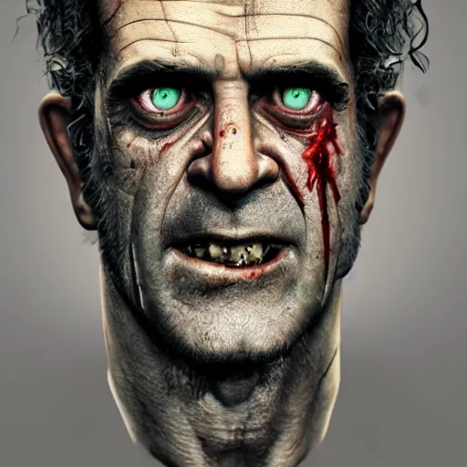 Image similar to a zombie Mel Gibson, by WLOP, horror, wounds, bloody, dark fantasy, trending on artstation