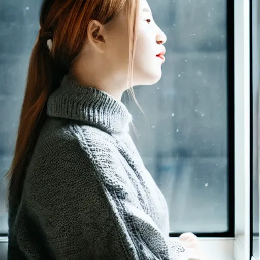 Image similar to a woman sitting on a window sill looking forward out the window, hands on cheeks, grey sweater, a stock photo by chen jiru, tumblr, aestheticism, movie still, pretty, pixiv