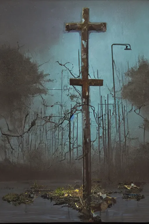 Image similar to scene fromlouisiana swamps, old protestant church with neon cross, junkyard by the road, boy scout troop, voodoo artwork by tim eitel