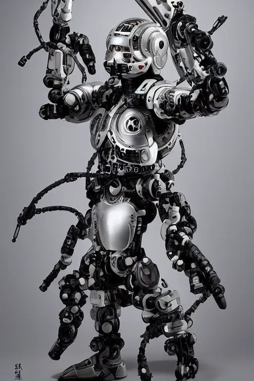 Image similar to cyborg with white and black ancestral ornate japanese tactical gear, long shot, by irving penn and storm thorgerson, madhouse studios, ren heng, peter elson, alvar aalto, makoto shinkai