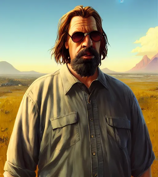 Prompt: highly detailed portrait of the dude from the big lebowski in gta v, stephen bliss, unreal engine, fantasy art by greg rutkowski, loish, rhads, ferdinand knab, makoto shinkai and lois van baarle, ilya kuvshinov, rossdraws, tom bagshaw, global illumination, radiant light, detailed and intricate environment