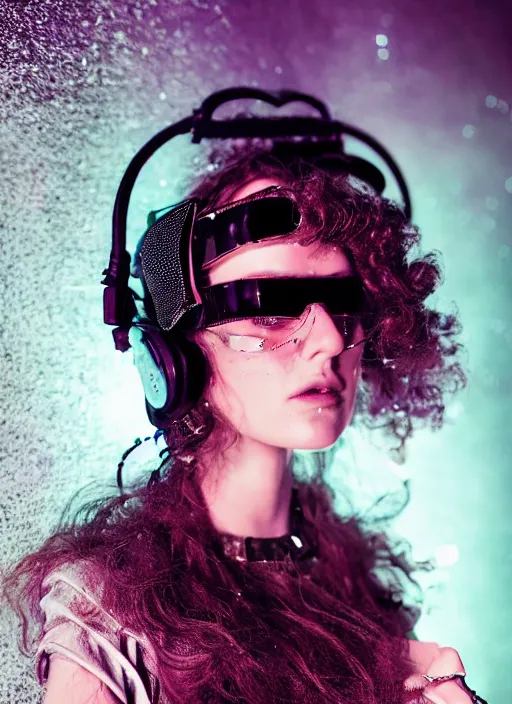 Prompt: vertical portrait of ancient jew female with space glasses, dark blonde, curly hair, cyberpunk, native costume, standing in the dark room, under neon, extremely fine detail background, highly detailed, detailed eyes, high quality, fashion editorial photography, hyperrealistic, from vogue magazine