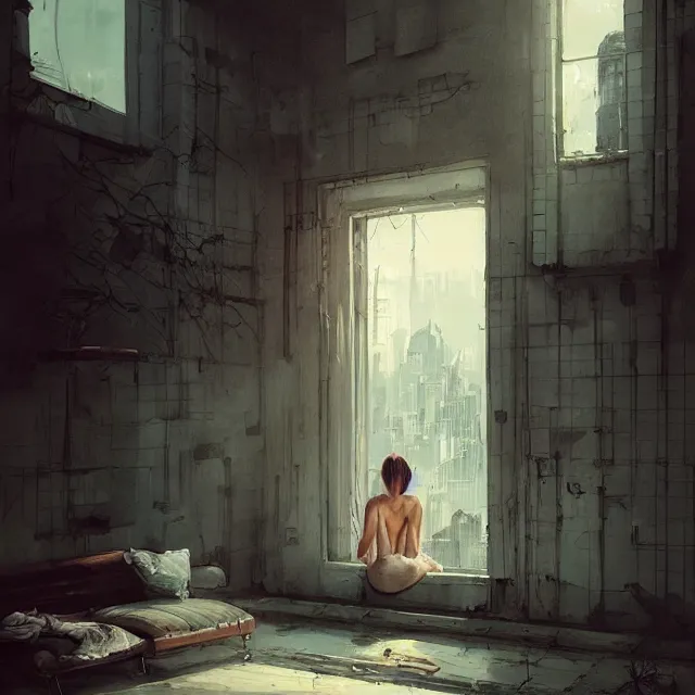 Prompt: window, woman, buildings, surprise, scared, couch by wlop, artgerm, greg rutkowski, evocative, highly detailed