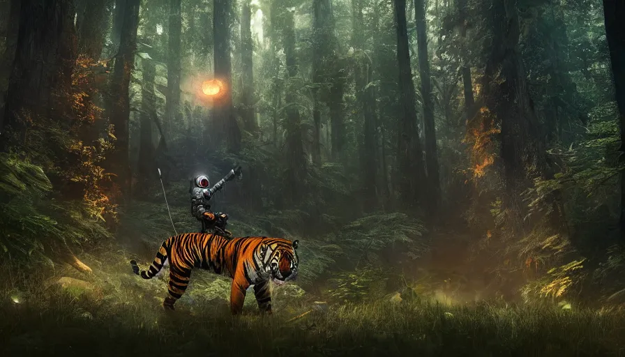 Image similar to american astronaut in the forest riding a tiger, plants environment, wide angle, cinematic lighting, atmospheric, ultrarealistic, trending on artstation, cgsociety, highly detailed, color graded, in the style of craig mullins, rendered in Unreal Engine 4k HQ, shadow of the tomb rider