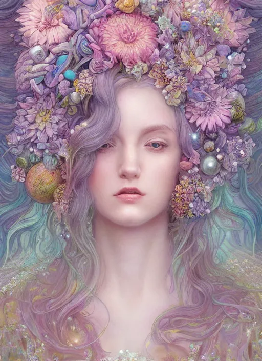 Prompt: ethereal goddess of dahlias, beautiful woman with pastel hair, symmetrical face, flowers, ornamental details, cute, playful, bright pastel colors, pearlescent, fantasy, sacred geometry, featured on artstation, in the style of donato giancola and krenz cushart, intricate maximalism, epic, can't believe how detailed this is