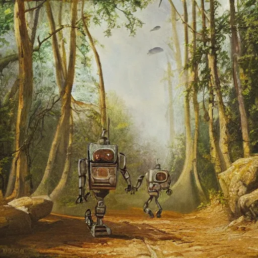 Image similar to a beautfiul painting of a robot running througj a forest,8k