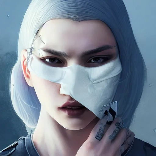 Image similar to very cool girl white hair girl with mask, streetwear, techwear, cyberpunk style outfit, full body, nose piercing, detailed portrait, intricate complexity, by greg rutkowski, artgerm, ross tran, conrad roset, takato yomamoto, ilya kuvshinov. 4 k, beautiful, cinematic dramatic atmosphere