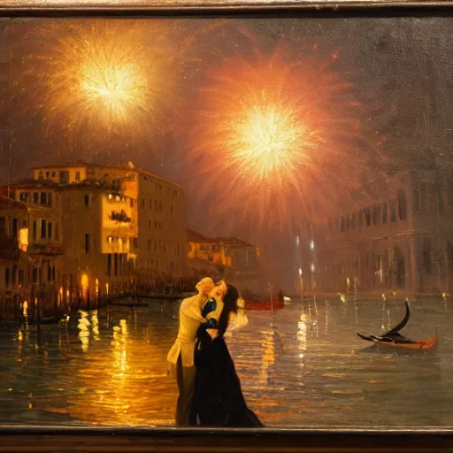 Image similar to an oil painting of couple kissing, in a background fireworks in venice