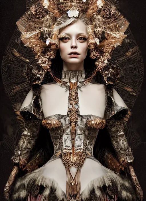 Prompt: portrait of beautiful female model, perfect symmetrical pose, sharp, by irakli nadar with intricate detailed wearing victorian dress designed by alexander mcqueen and rocky gathercole, haunting, elite, elegant, ruan jia, dark, hyper detailed, concept art, by gustav klimt
