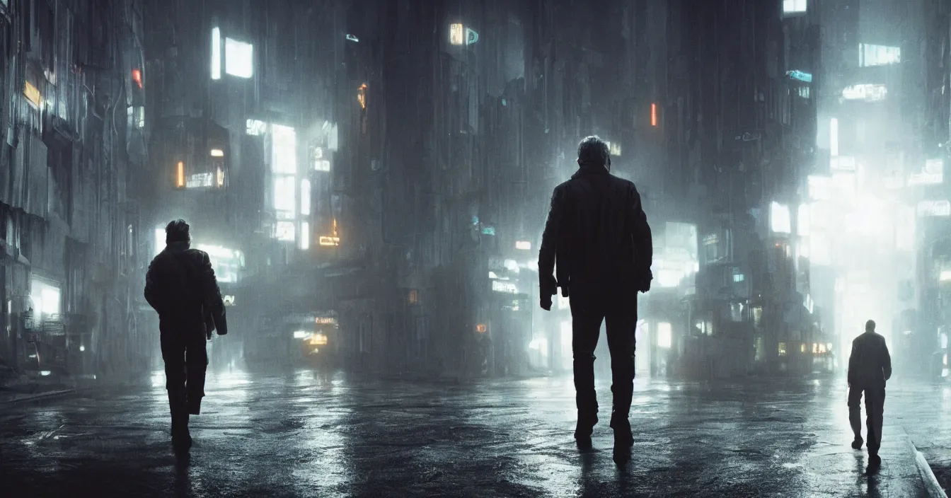 Image similar to Harrison Ford as Rick Deckard walking down alleyway, atmospheric lighting, dutch tilt, foggy, cinematic 4k