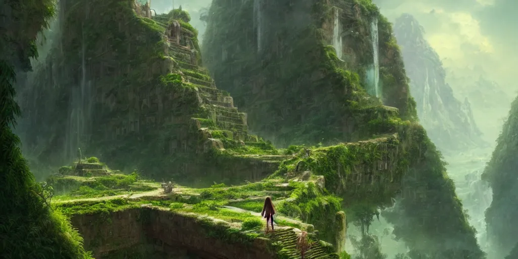 Image similar to a lost city on a cliff full of green plants and a long - haired loli standing in the middle of the road, 4 k resolution, ultra detailed, matte oil painting, mysterious, artstation, art by greg rutkowski
