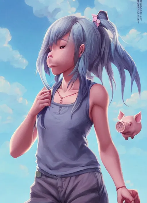 Image similar to character portrait of a female anthro pig with a pigtail and a cute beautiful attractive detailed female pig face wearing a tanktop and slacks standing outside a city tattoo parlor with arm tattoos. Character design by charlie bowater, ross tran, artgerm, and makoto shinkai, detailed, inked, western comic book art