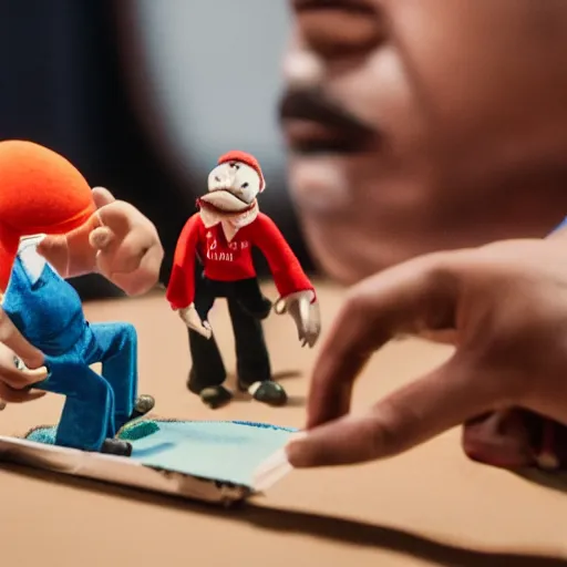 Image similar to a cinematic film still of a claymation stop motion film starring chance the rapper as a college student, shallow depth of field, 8 0 mm, f 1. 8