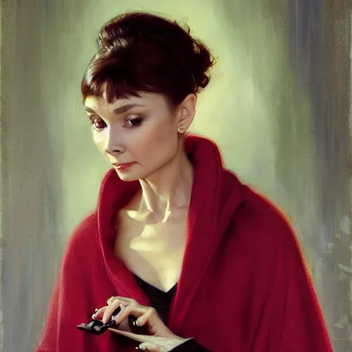 Image similar to detailed realistic cinematic wide shot of beautiful attractive audrey hepburn vampire woman wearing black bath robe slim face symettrical face clean skin black eyes black robe smooth, sharp focus, ultra realistic, spring light, painting by gaston bussiere, craig mullins, j. c. leyendecker