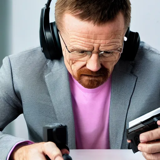 Prompt: close up, cropped award winning photo of walter white wearing pink headphones and sitting at his desk gaming, incredibly detailed, sharp focus, hyper realistic