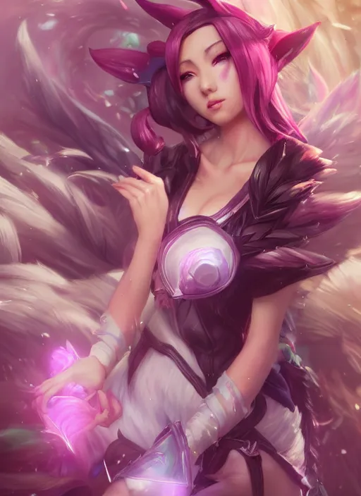 Image similar to ahri, from league of legends, pink heart skill, hyper detailed, digital art, trending in artstation, cinematic lighting, studio quality, smooth render, unreal engine 5 rendered, octane rendered, art style by klimt and nixeu and ian sprigger and wlop and krenz cushart