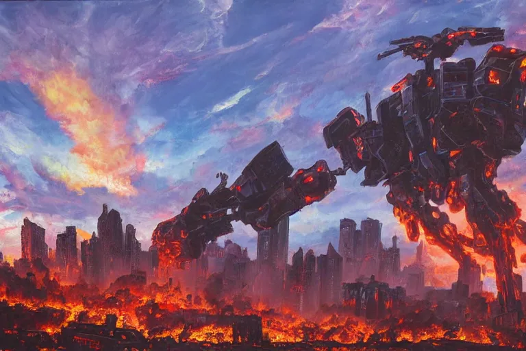 Prompt: landscape acrylic painting of a giant mech EVA standing in the ruins of a burning city at a distance, neon genesis evangeline, photorealistic highly detailed acrylic matte painting wide angle