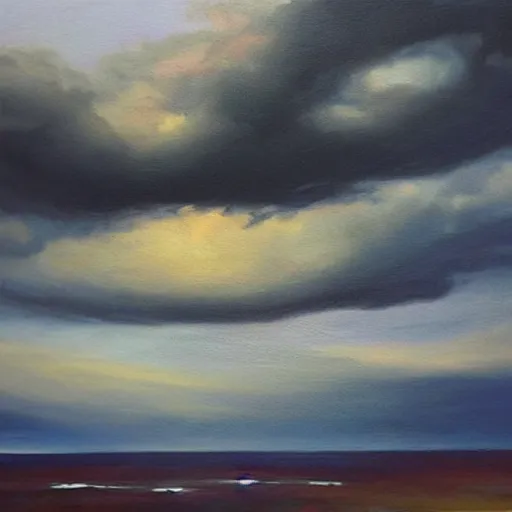 Prompt: “stormy weather by town oil panting”