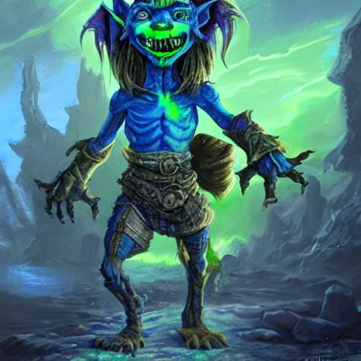 Image similar to a highly detailed goblin with blue skin and green eyes that glow, like magic the gathering, goblin chainwalker, with water in the background, digital art, by christopher rush