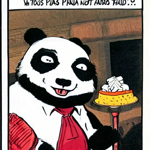 Image similar to a humorous full - color comic illustration from a 1 9 7 0 s issue of mad magazine in which an anthropomorphic panda walks into a bar and then eats, shoots, and leaves.