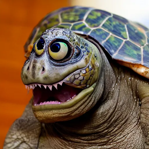 Prompt: photo of a nightmare turtle with an evil grin and large eyes, nightmare fuel, creepy