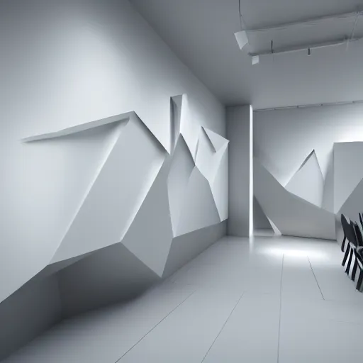 Prompt: : abstract paintings on wall in white art studio with modern architecture cinematic lighting, hyper - realistic, detailed, render by c 4 d octane, unreal engine, 8 k 3 d render