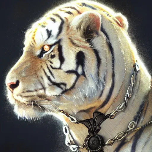 Prompt: an aesthetic award winning commission portrait of an anthro albino tiger wearing a golden chain around the neck and a black puffed jacket,digital art,art by greg rutkowski,ross tran,character design by charles bowater,photorealistic,detailed face,western comic,professional lighting,fantasy,deviantart,artstation