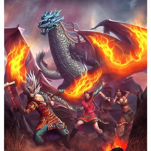 Prompt: the band of adventurers stand before the great dragon, digital art, epic power pose, flames and chaos