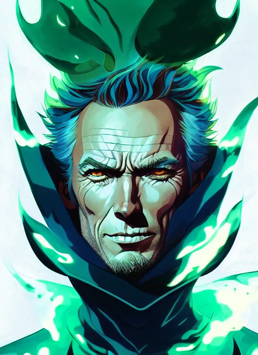 Image similar to style artgerm, joshua middleton, illustration, clint eastwood as a high priest wearing green pelt light armor, anime eyes, blue hair, swirling water cosmos, fantasy, dnd, cinematic lighting