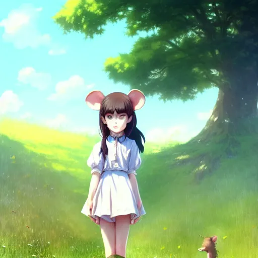 Image similar to a film still portrait of an anthropomorphic rat girl standing in a meadow under a tree, finely detailed features, closeup on the faces, perfect art, gapmoe yandere grimdark, trending on pixiv fanbox, painted by greg rutkowski makoto shinkai takashi takeuchi studio ghibli, akihiko yoshida