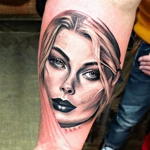 Prompt: face morph tattoo design of margot robbie with beautiful mountain scenery, in the style of arlo dicristina, amazing detail, mash up