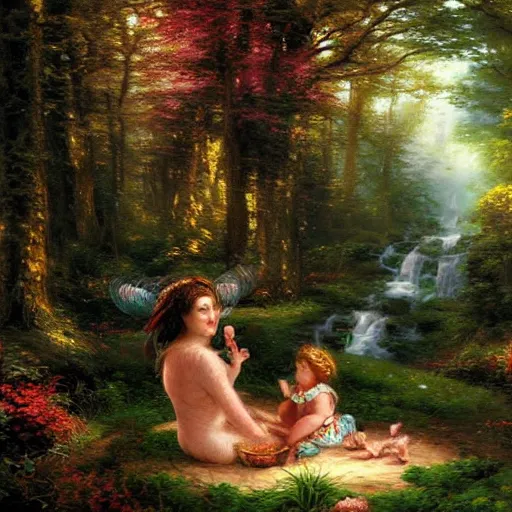 Image similar to forest sensual woman and her daughter eating animal in the forest, digital art, artwork, hihgky detailed face, thomas kindkade, fantasy, intricate