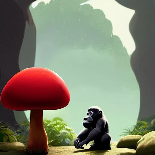 Image similar to a wholesome animation key shot of a gorilla holding a very small red mushroom, chilled out smirk on face, studio ghibli, pixar and disney animation, sharp, rendered in unreal engine 5, anime key art by greg rutkowski, bloom, dramatic lighting