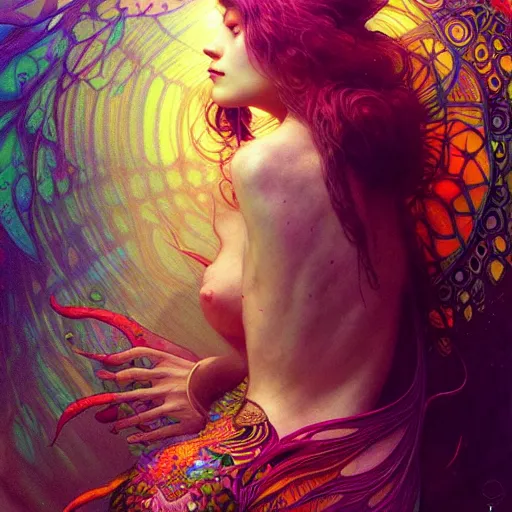 Image similar to An extremely psychedelic experience, colorful, surreal, dramatic lighting, magic mushrooms, psilocybin, LSD, face, detailed, intricate, elegant, highly detailed, digital painting, artstation, concept art, smooth, sharp focus, illustration, art by Krenz Cushart and Artem Demura and alphonse mucha