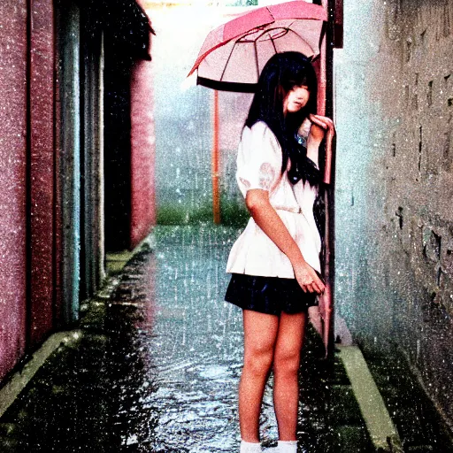 Image similar to 1990s perfect 8K HD professional cinematic photo of close-up japanese schoolgirl posing in sci-fi dystopian alleyway at morning during rain, at instagram, Behance, Adobe Lightroom, with instagram filters, depth of field, taken with polaroid kodak portra