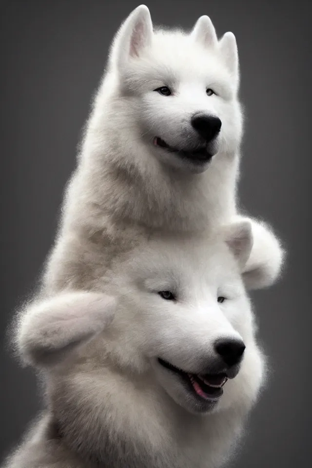Prompt: samoyed dog head on a human body as a muay thai kickboxer, gloves on hands, world championship fight, photorealistic, cinematic lighting, film still