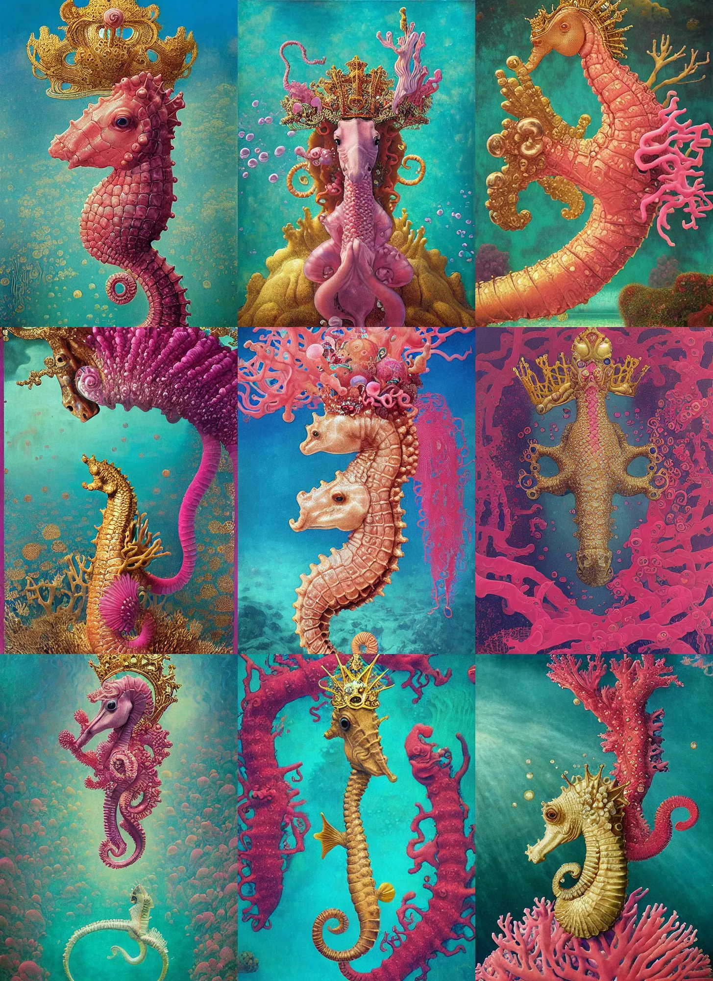 Prompt: “ an underwater portrait of a seahorse wearing a crown, seahorse on a throne of pink coral, titian, sam spratt, maxfield parrish, gustav klimt, tom bagshaw, mark ryden, alphonse mucha, high detail, 8 k, intricate ornamental details, vibrant iridescent colors, pink aqua and gold ”