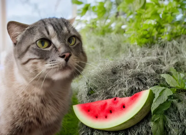 Image similar to photo of a cat wearing a helmet made of a watermelon. fantasy horror style. highly detailed 8 k. intricate. lifelike. soft light. nikon d 8 5 0 5 5 mm. dof. cinematic post - processing.