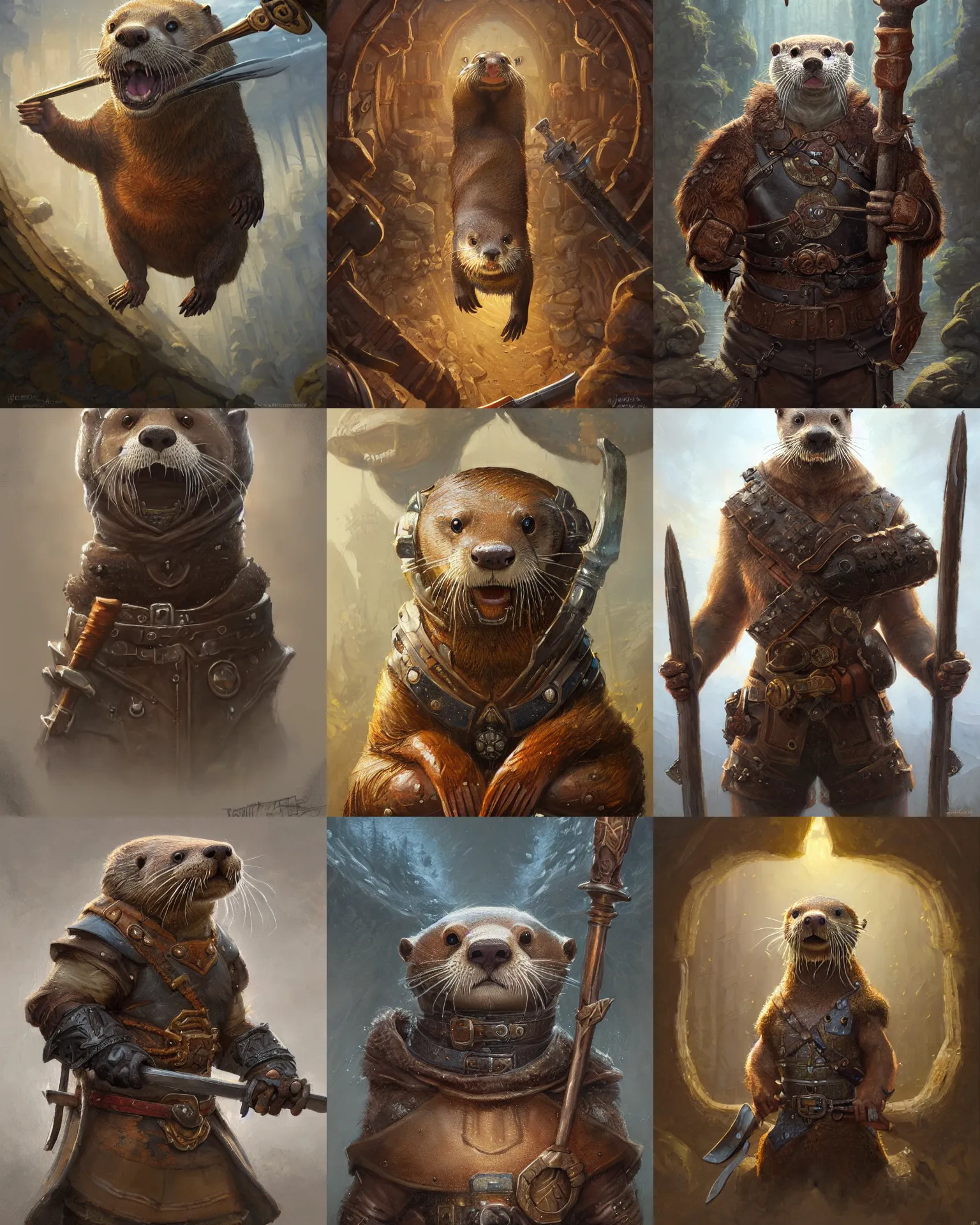 Prompt: symmetrical, a detailed painting of a otter with hammer dressed with a leather armor, by justin gerard and greg rutkowski, digital art, realistic painting, dnd, character design, trending on artstation
