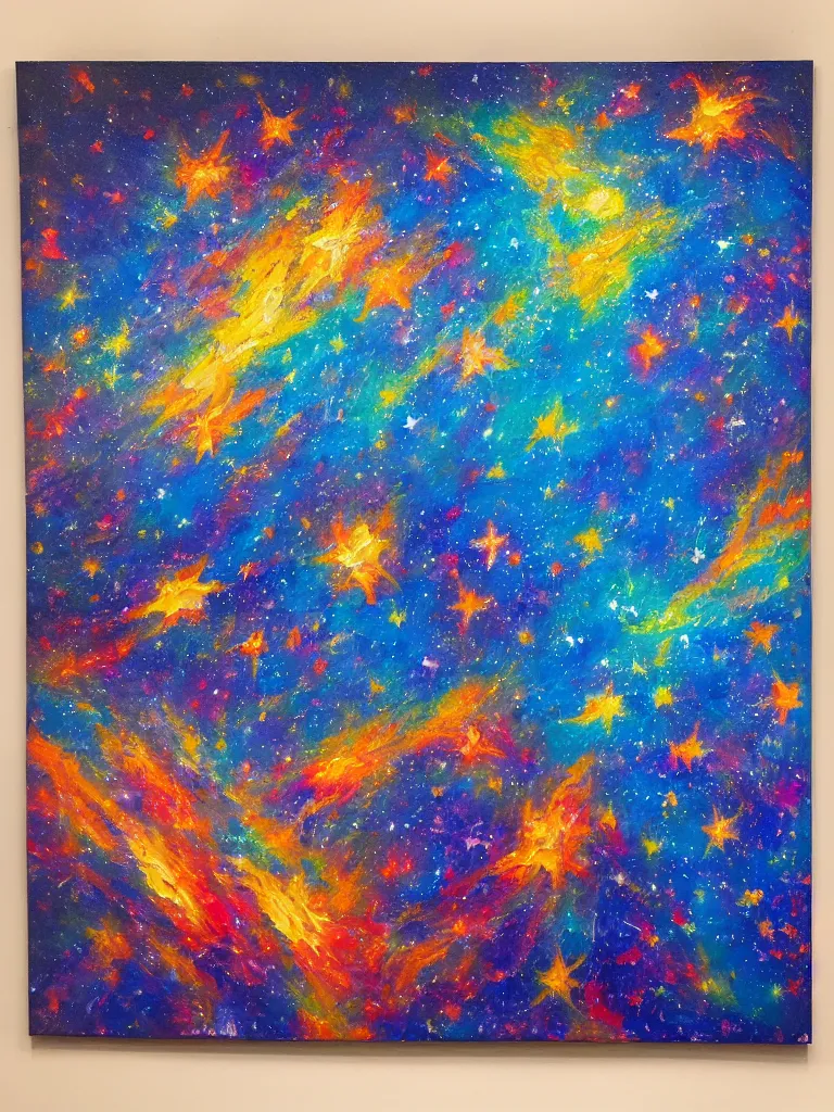 Image similar to an impasto oil painting of the universe expanting infinite with bright colors and shooting stars