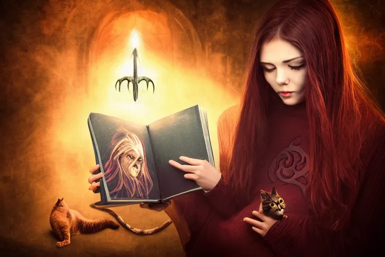 Image similar to romantic photo of bright girl, her cat and her book of necronomicon, symmetrical, cinematic, real dlsr photography, sharp focus, 4 k, ultra hd, sense of awe, sinister demonic atmosphere, dreadful, forbidden knowledge, old gods, cthulhu, yog - sothoth! yah, yah, yah! cultist journal cover