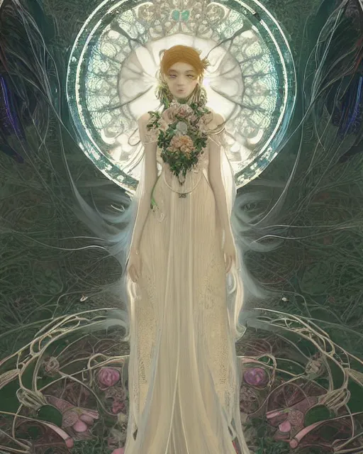 Prompt: Ethereal Floralpunk elysian Maiden of radiant light wearing ivory lace dress made of stardust masterpiece digital illustration by Ruan Jia and yasumoto oka, award winning, Artstation, art nouveau aesthetic, Alphonse Mucha background, intricate details, realistic, full view, Hyperdetailed, 8k resolution, Artstation, behance