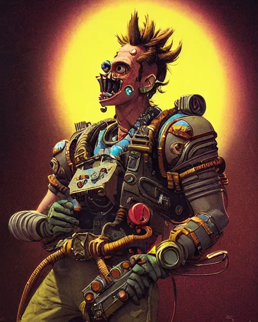 Image similar to junkrat from overwatch, slight smile, character portrait, portrait, close up, concept art, intricate details, highly detailed, vintage sci - fi poster, retro future, in the style of chris foss, rodger dean, moebius, michael whelan, and gustave dore