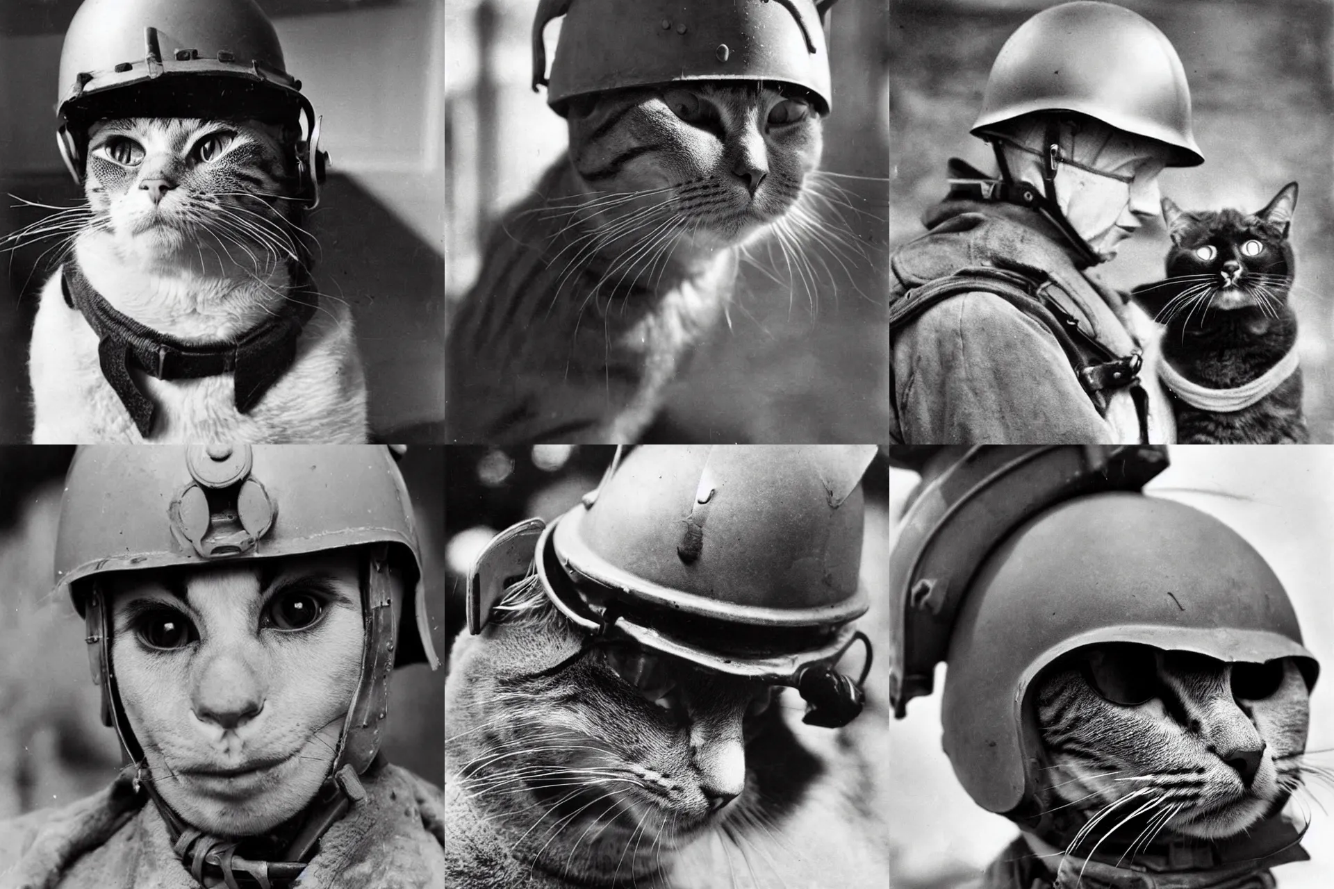 Prompt: Close up of a cat wearing soldier helmet in the battle, WW2 historical photography, black and white